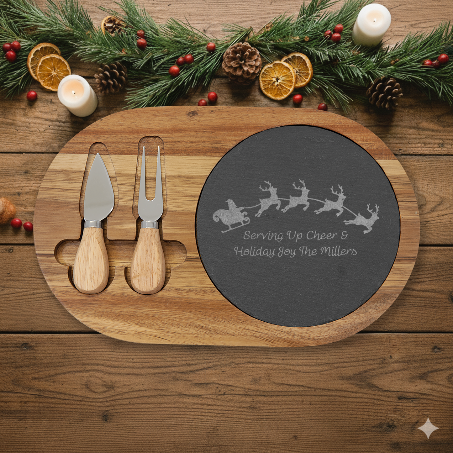 Engraved Holiday Charcuterie Board with Slate Insert & Cheese Tools