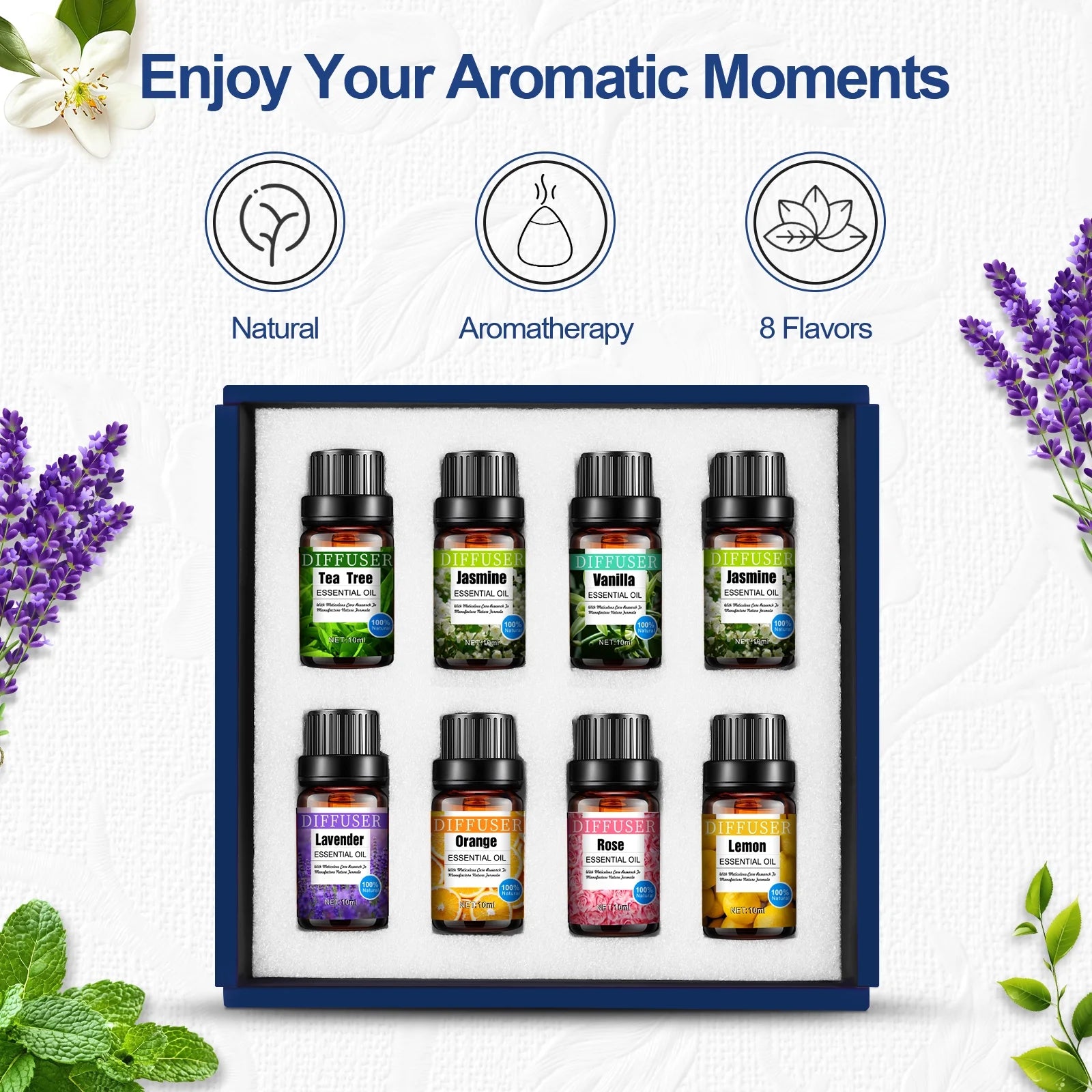 8X10Ml Essential Oils Gift Set, Orange, Jasmine, Mint Variety of Scents Essential Oils for Aromatherapy Diffuser for Relaxation