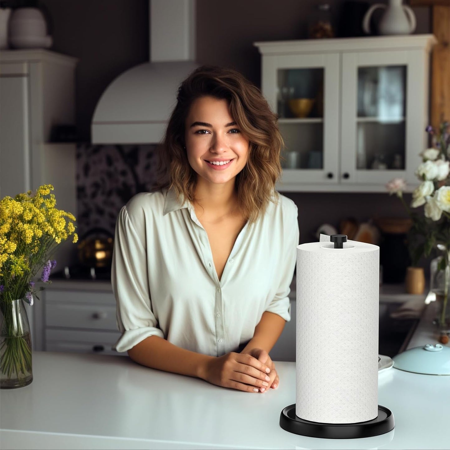 Paper Towel Holder Countertop, One-Handed Tear, Stainless Steel, Weighted Base, Black, Paper Towel Roll Holder Stand with Ratchet Mechanism for Kitchen Bathroom Farmhouse Essentials Decor Accessories