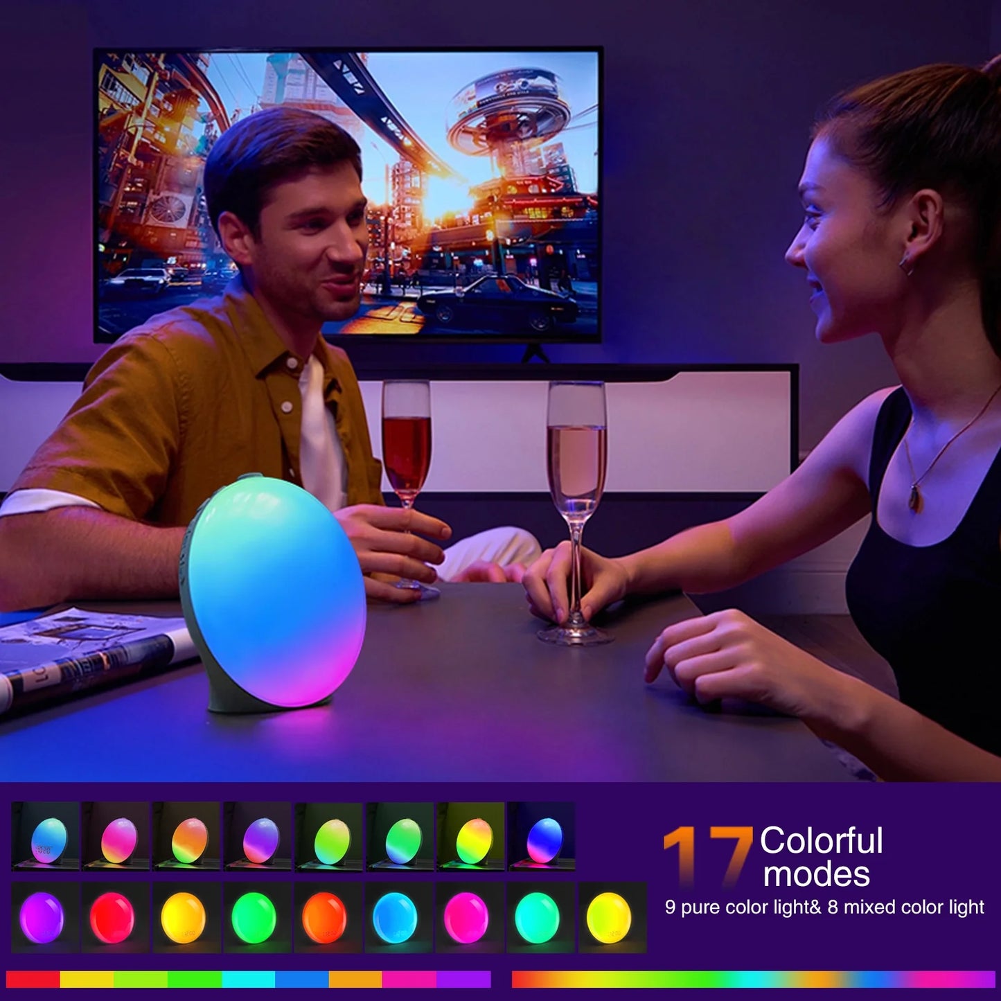 Sunrise Alarm Clock Wake up Light for Heavy Sleepers, Upgrade Full Screen Daylight Alarm Clock with Sunrise and Sunset Simulation, Dual Alarm, Snooze, Sleep Aid, FM Radio,17 Colors, 10 Natural Sounds