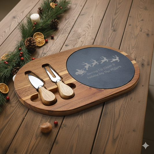 Engraved Holiday Charcuterie Board with Slate Insert & Cheese Tools