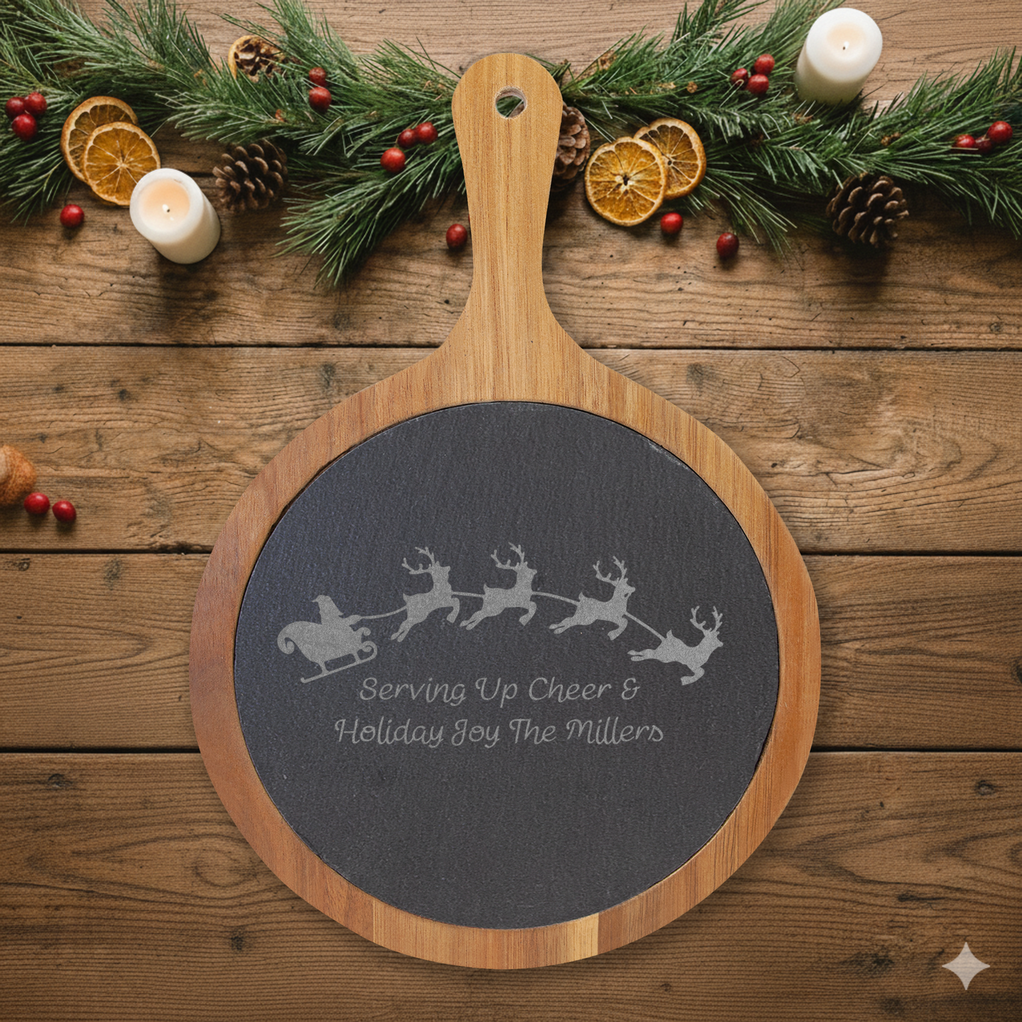 Engraved Holiday Charcuterie Board with Slate Insert & Cheese Tools