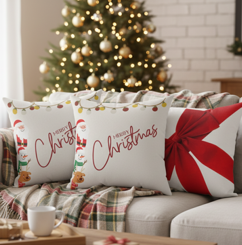 Christmas Bow Decorative Pillow - "Merry Christmas" Holiday Throw Cushion