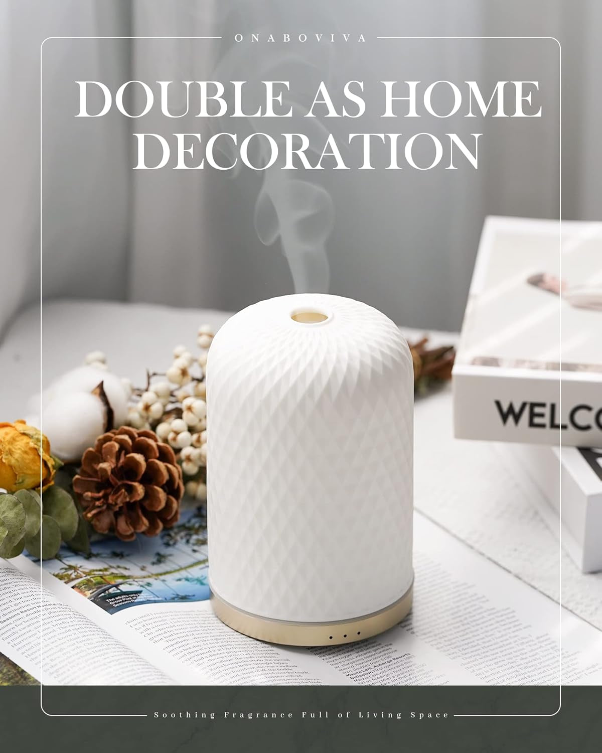 Essential Oil Diffuser,110Ml Diffusers for Essential Oils Large Room, Ceramic Diffusers Decorative Ultrasonic Defuzzer, Ideal for Aesthetic Home,Dorm Décor, Yoga,White