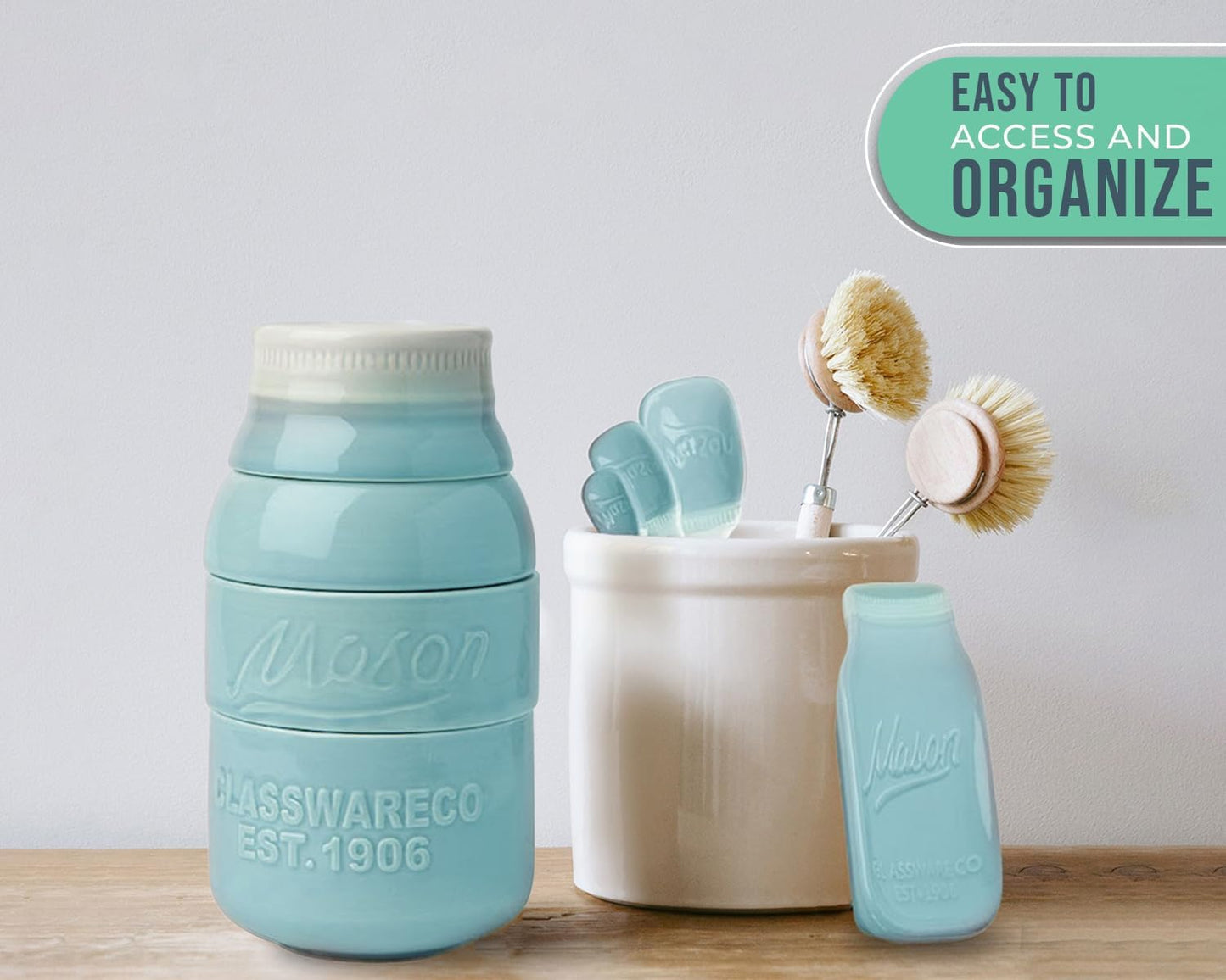 Mason Jar Kitchenware Set – Aqua Blue Ceramic Decor with 4 Measuring Cups, 4 Measuring Spoons, and Spoon Rest