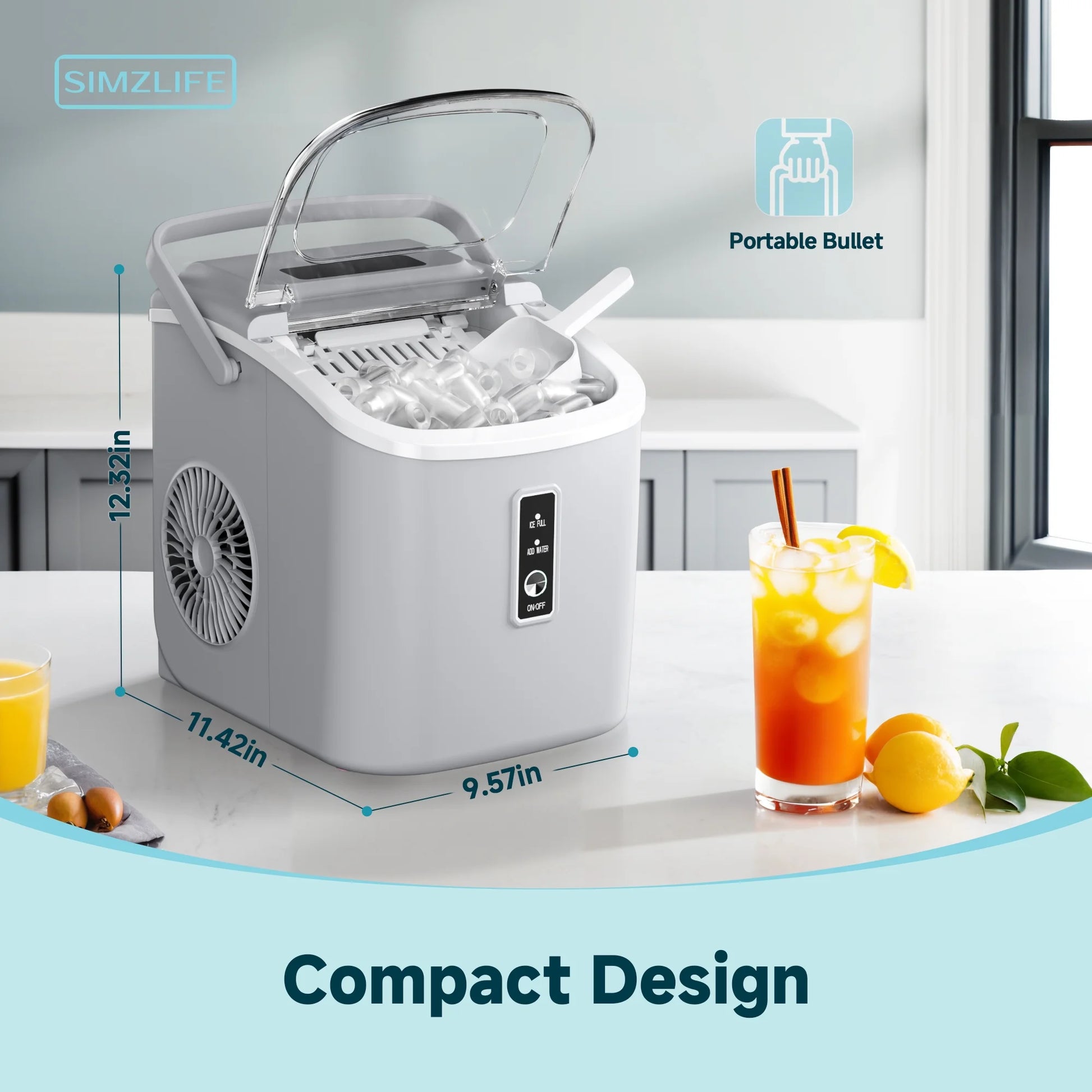 Countertop Ice Maker with Handle,Portable Ice Machine with Basket and Scoop, 9 Bullet Ice in 6 Mins, 26Lbs/24H, Self-Cleaning