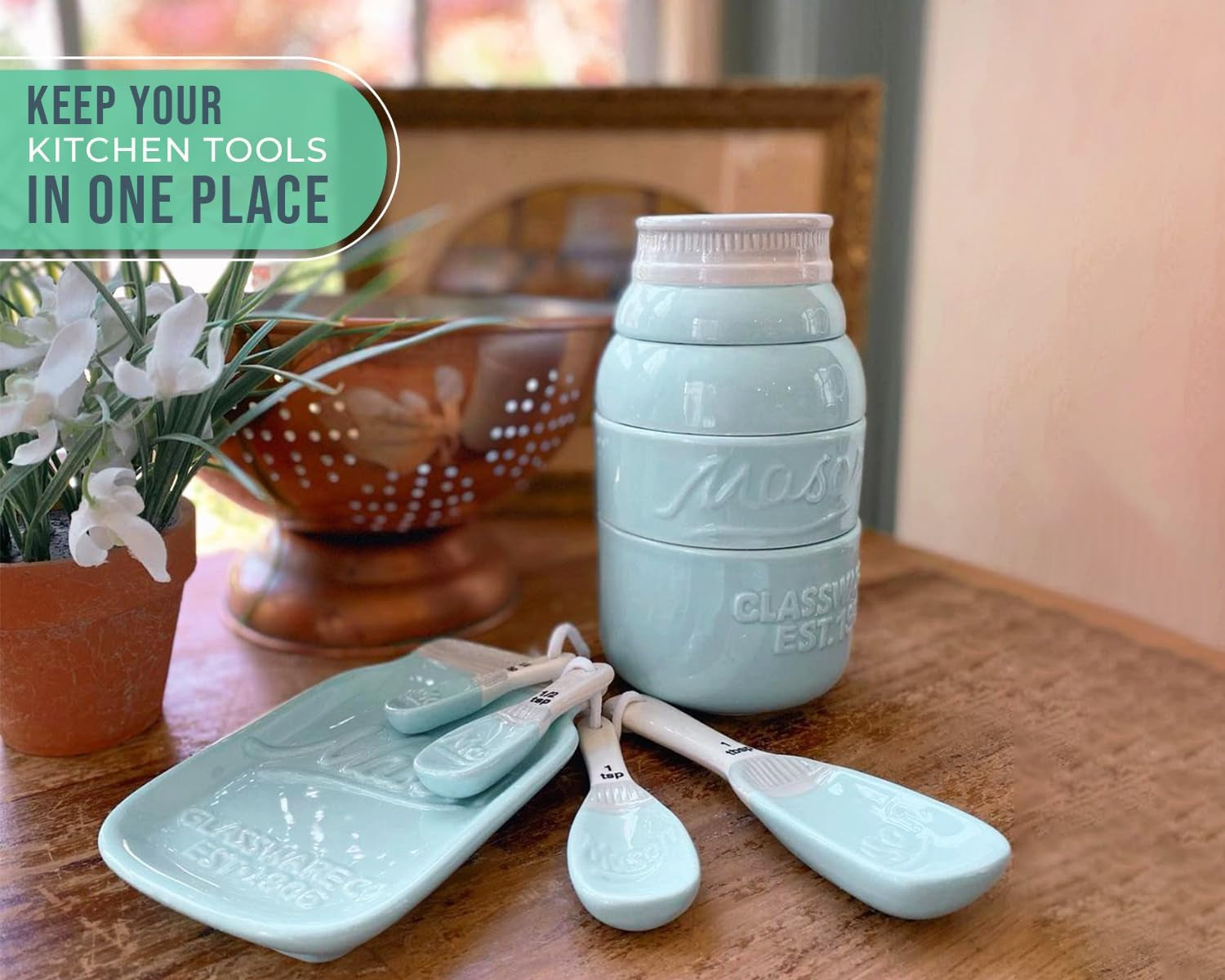 Mason Jar Kitchenware Set – Aqua Blue Ceramic Decor with 4 Measuring Cups, 4 Measuring Spoons, and Spoon Rest
