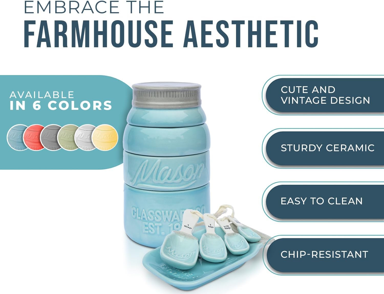 Mason Jar Kitchenware Set – Aqua Blue Ceramic Decor with 4 Measuring Cups, 4 Measuring Spoons, and Spoon Rest