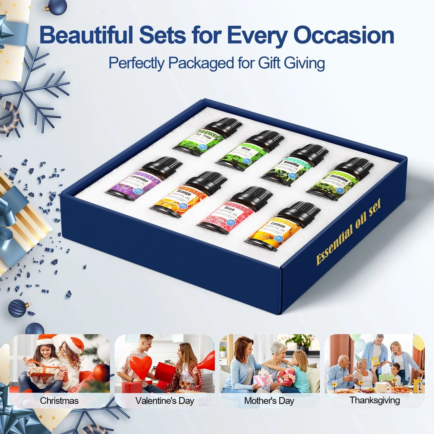 8X10Ml Essential Oils Gift Set, Orange, Jasmine, Mint Variety of Scents Essential Oils for Aromatherapy Diffuser for Relaxation