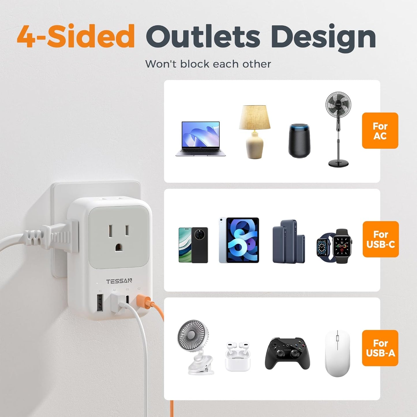 USB C Charger Block 20W,  PD Fast Charging Adapter with Foldable Plug, 1875W Power Outlet Extender(4 AC and 4 USB) for Cruise, Home, Office, Dorm