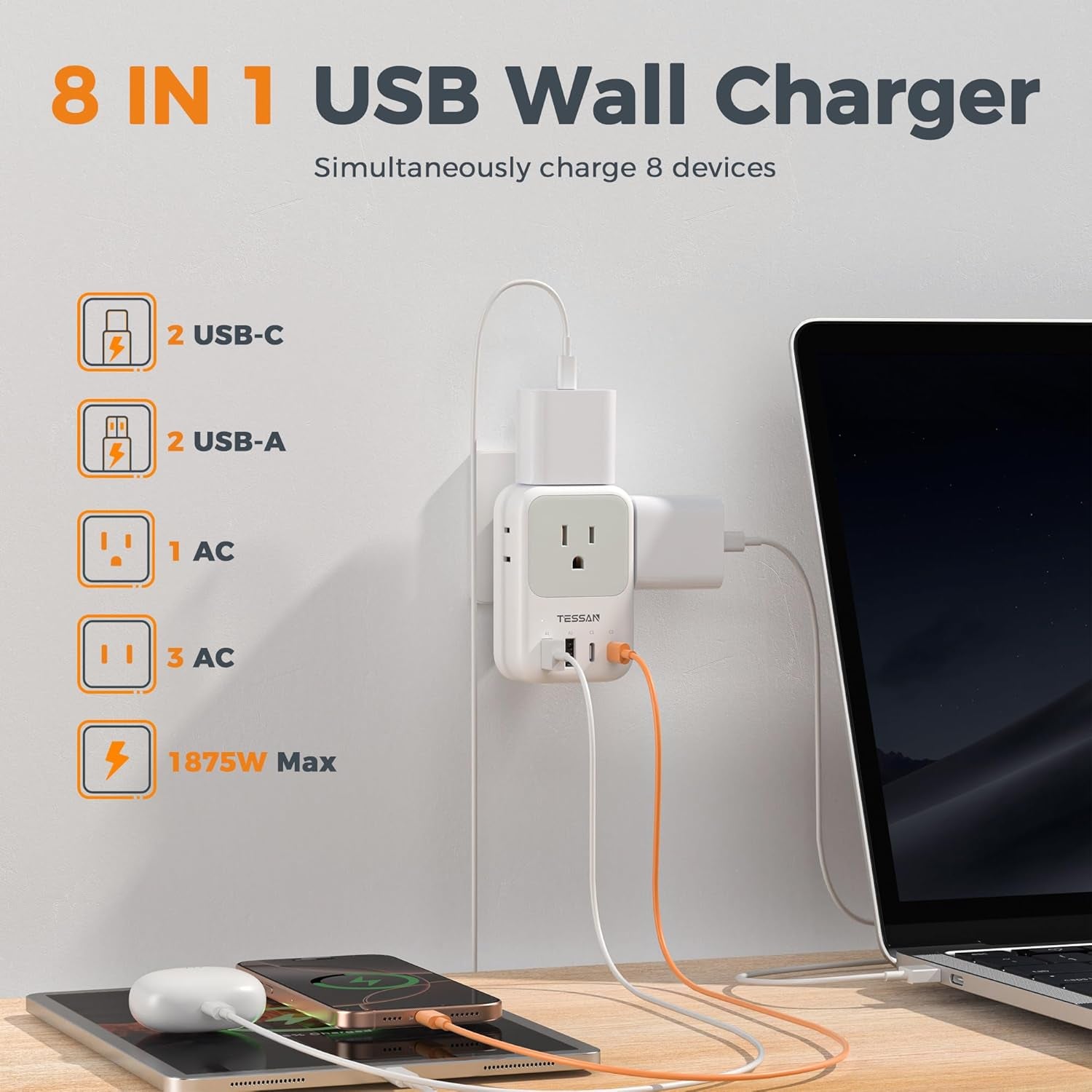 USB C Charger Block 20W,  PD Fast Charging Adapter with Foldable Plug, 1875W Power Outlet Extender(4 AC and 4 USB) for Cruise, Home, Office, Dorm