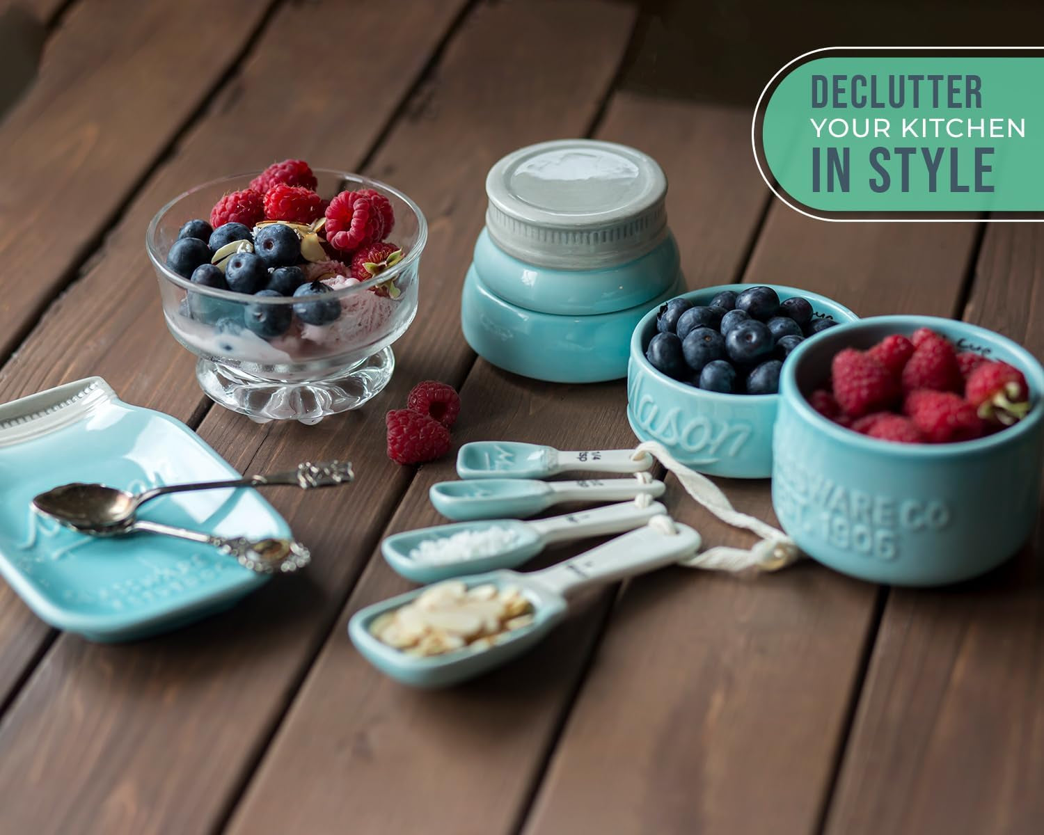 Mason Jar Kitchenware Set – Aqua Blue Ceramic Decor with 4 Measuring Cups, 4 Measuring Spoons, and Spoon Rest