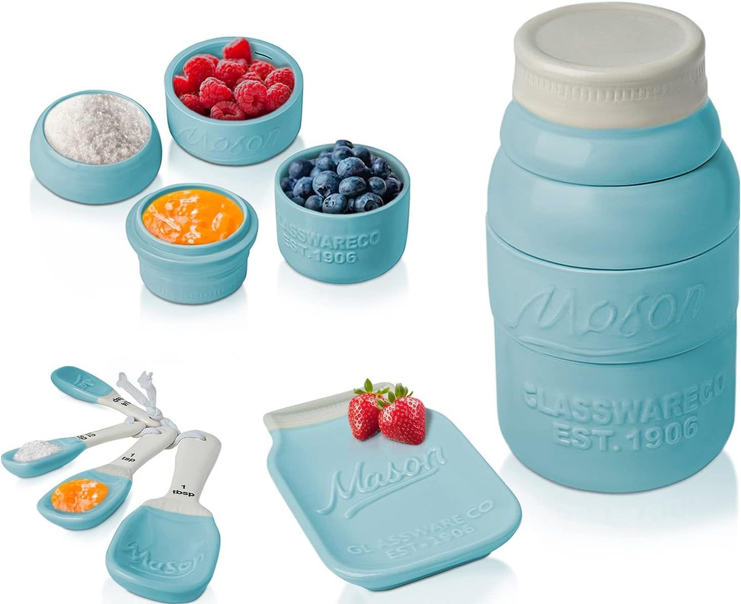 Mason Jar Kitchenware Set – Aqua Blue Ceramic Decor with 4 Measuring Cups, 4 Measuring Spoons, and Spoon Rest