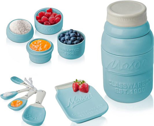Mason Jar Kitchenware Set – Aqua Blue Ceramic Decor with 4 Measuring Cups, 4 Measuring Spoons, and Spoon Rest