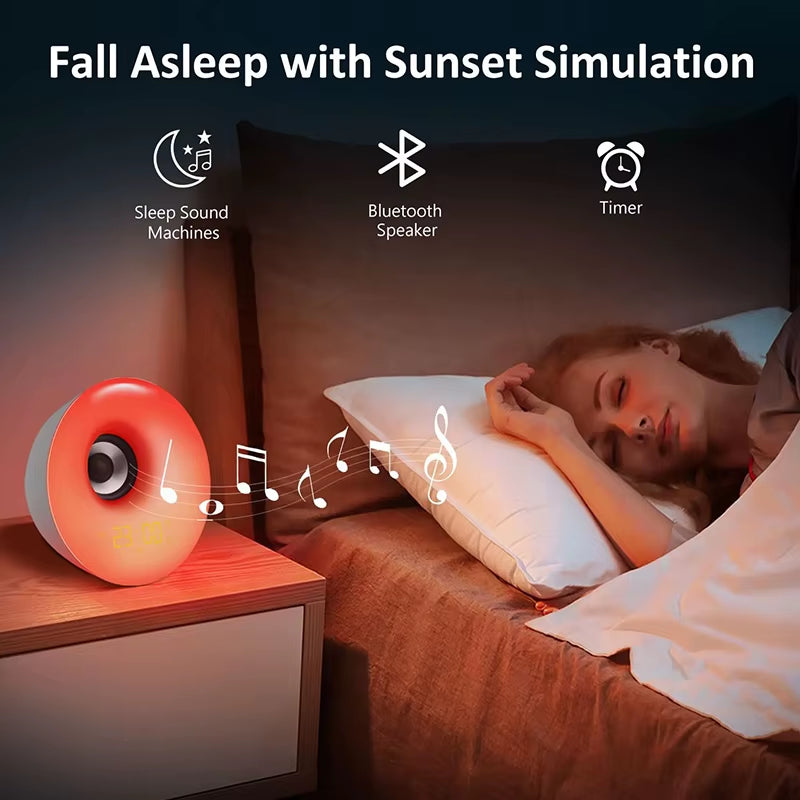 Bluetooth Speaker Clock Wake up Light Alarm Clock with Sunrise Sunset Simulation Colorful Night Light Music Player Clock
