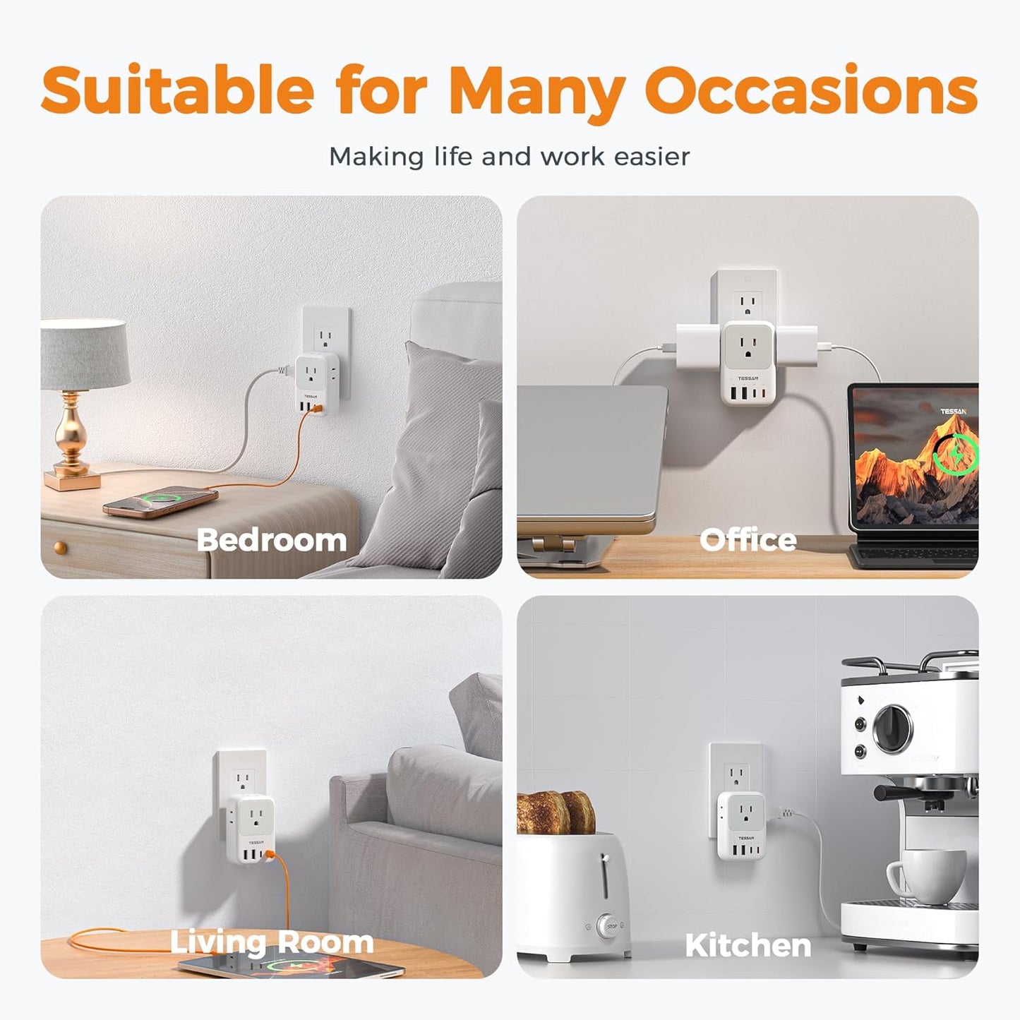 USB C Charger Block 20W,  PD Fast Charging Adapter with Foldable Plug, 1875W Power Outlet Extender(4 AC and 4 USB) for Cruise, Home, Office, Dorm