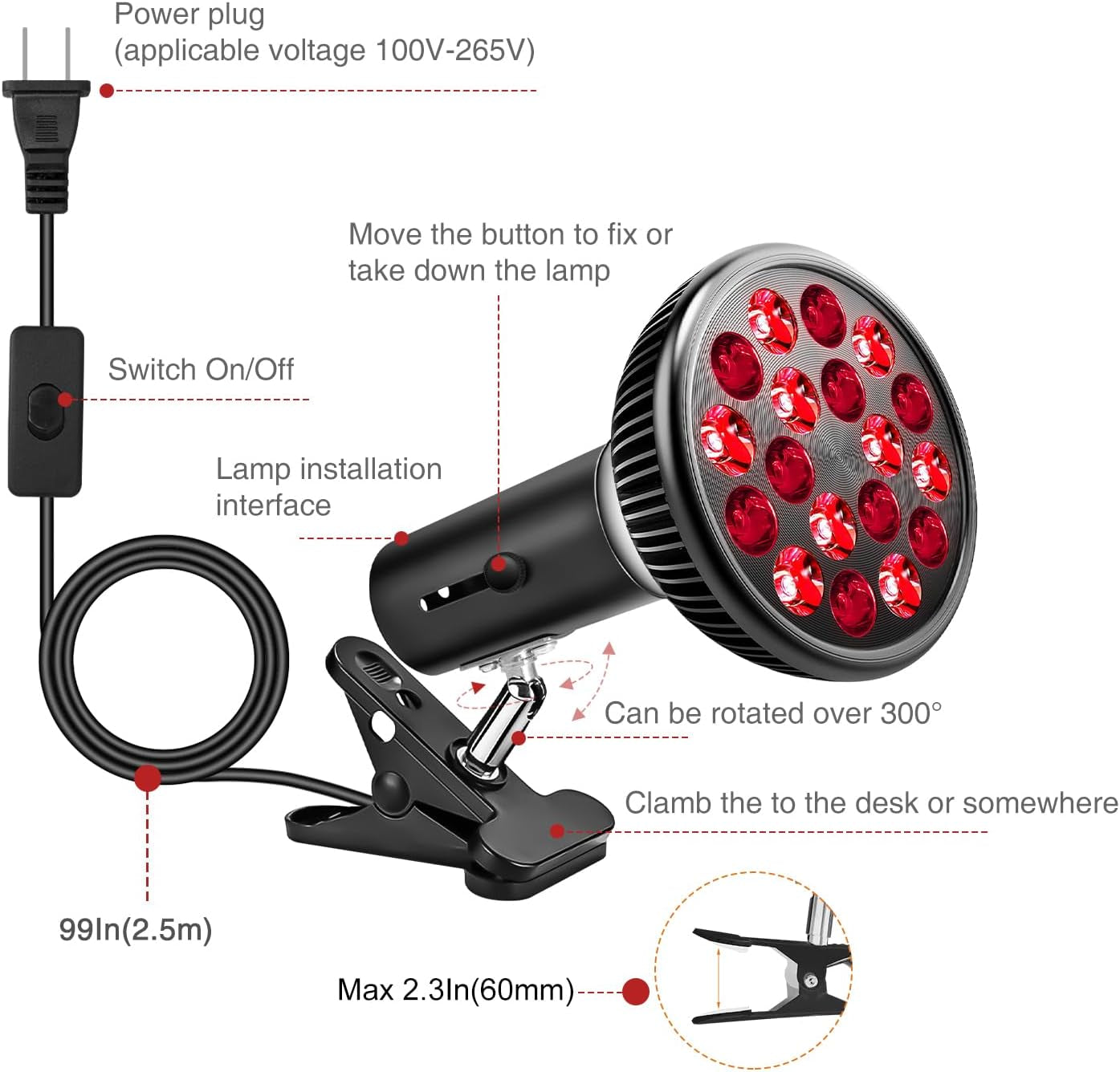 Red Light Therapy with Clip, Infrared Light Therapy Lamp for Body and Face Use, 660Nm Red and 850Nm near Infrared Red Light Therapy Lamp with Adjustable Socket