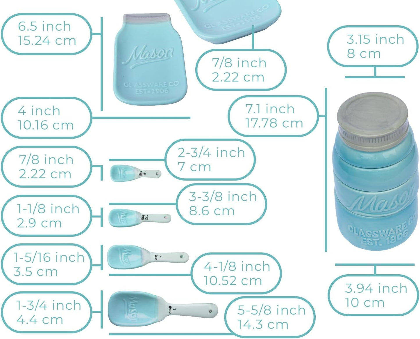 Mason Jar Kitchenware Set – Aqua Blue Ceramic Decor with 4 Measuring Cups, 4 Measuring Spoons, and Spoon Rest