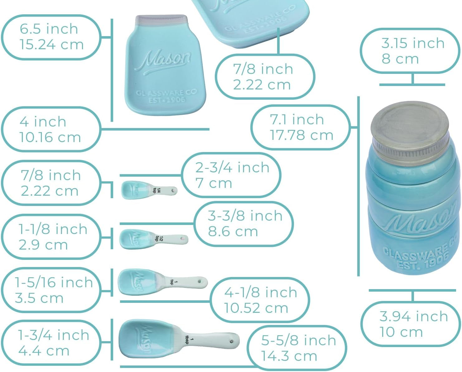 Mason Jar Kitchenware Set – Aqua Blue Ceramic Decor with 4 Measuring Cups, 4 Measuring Spoons, and Spoon Rest