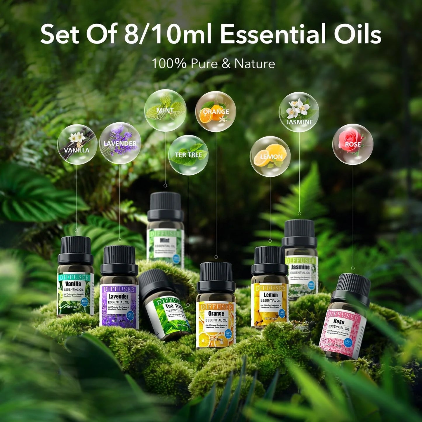 8X10Ml Essential Oils Gift Set, Orange, Jasmine, Mint Variety of Scents Essential Oils for Aromatherapy Diffuser for Relaxation