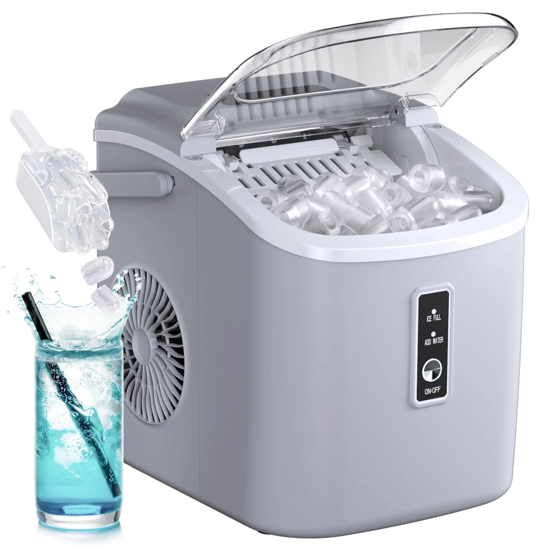 Countertop Ice Maker with Handle,Portable Ice Machine with Basket and Scoop, 9 Bullet Ice in 6 Mins, 26Lbs/24H, Self-Cleaning
