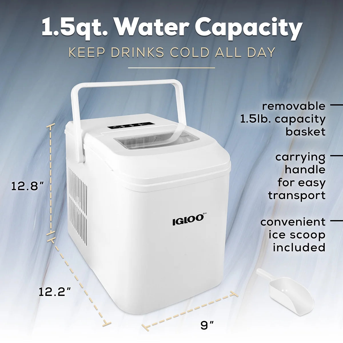 Handled Automatic Ice Machine Self Cleaning Countertop Ice Maker with Scoop, White