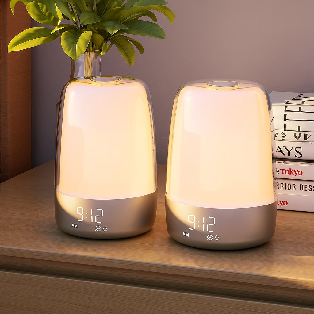 2Pack Sunrise Alarm Clocks, Wake up Light Alarm Clock, 3 Ways Dimmable Modern Small Digital RGB Bedside Lamp for Heavy Sleeper