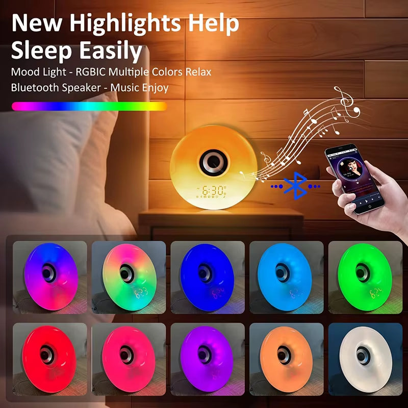 Bluetooth Speaker Clock Wake up Light Alarm Clock with Sunrise Sunset Simulation Colorful Night Light Music Player Clock