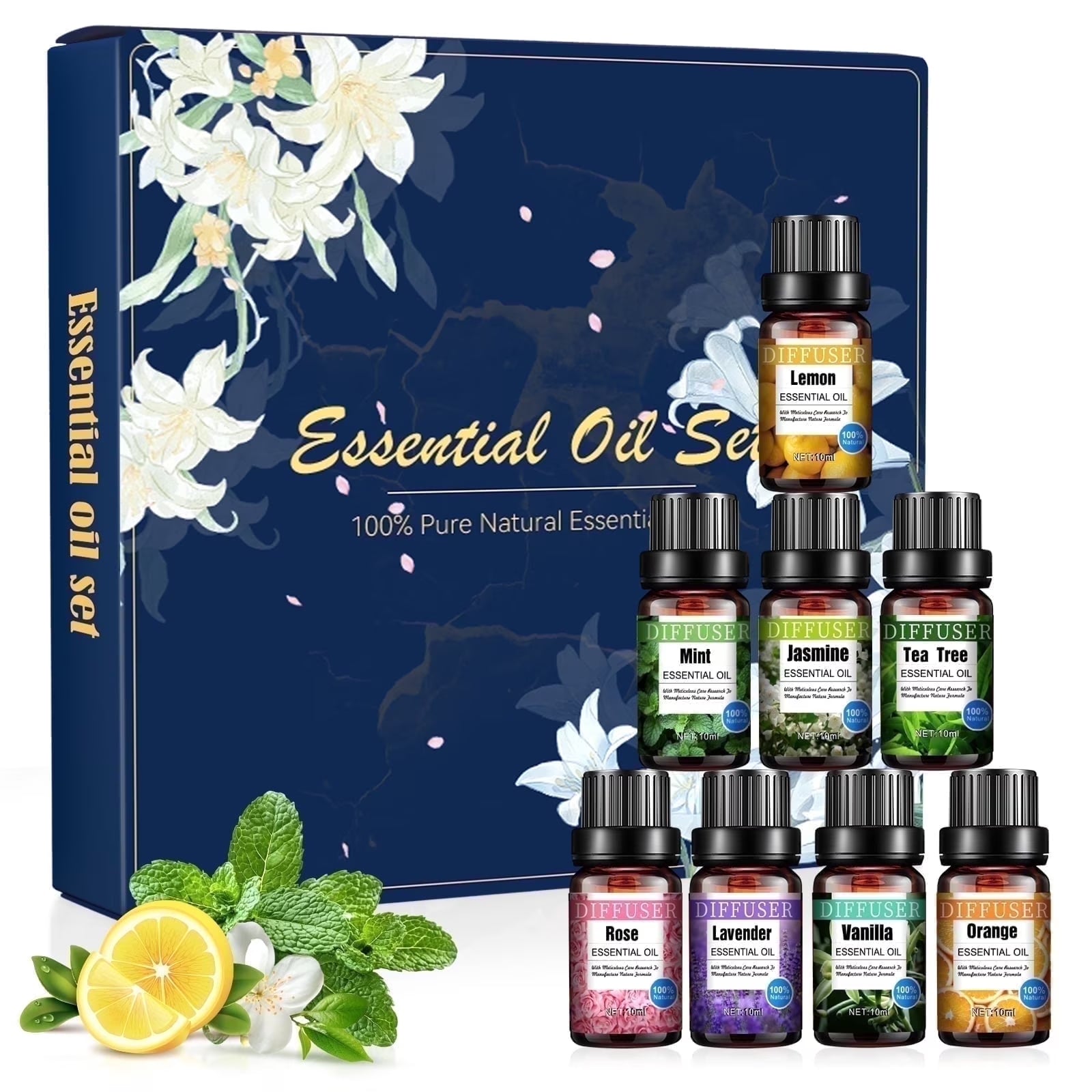 8X10Ml Essential Oils Gift Set, Orange, Jasmine, Mint Variety of Scents Essential Oils for Aromatherapy Diffuser for Relaxation